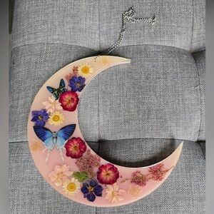 Pink Floral Butterfly Crescent Moon Resin Wall Art Cottagecore Decor